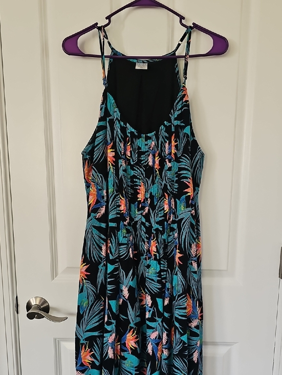 Time and Tru Dresses & Skirts - Black Tropical Midi Dress with Teal & Coral Print